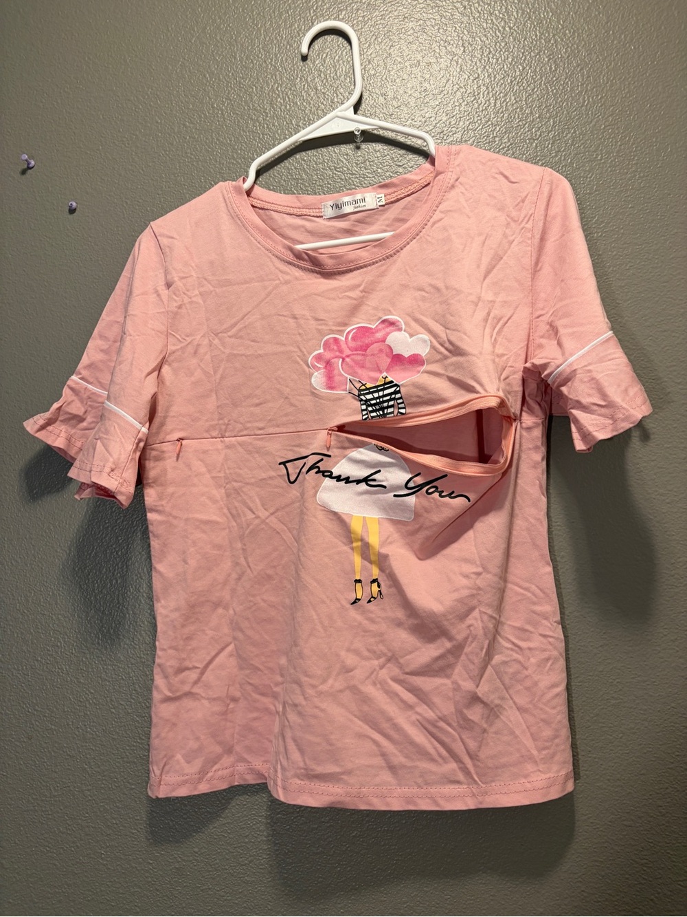 Yiyimami Fashion Pink Nursing Shirt Zip Horizontal Breastfeeding Top Size M